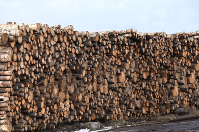 Photo of Stacked firewood outdoors. Heating house in winter