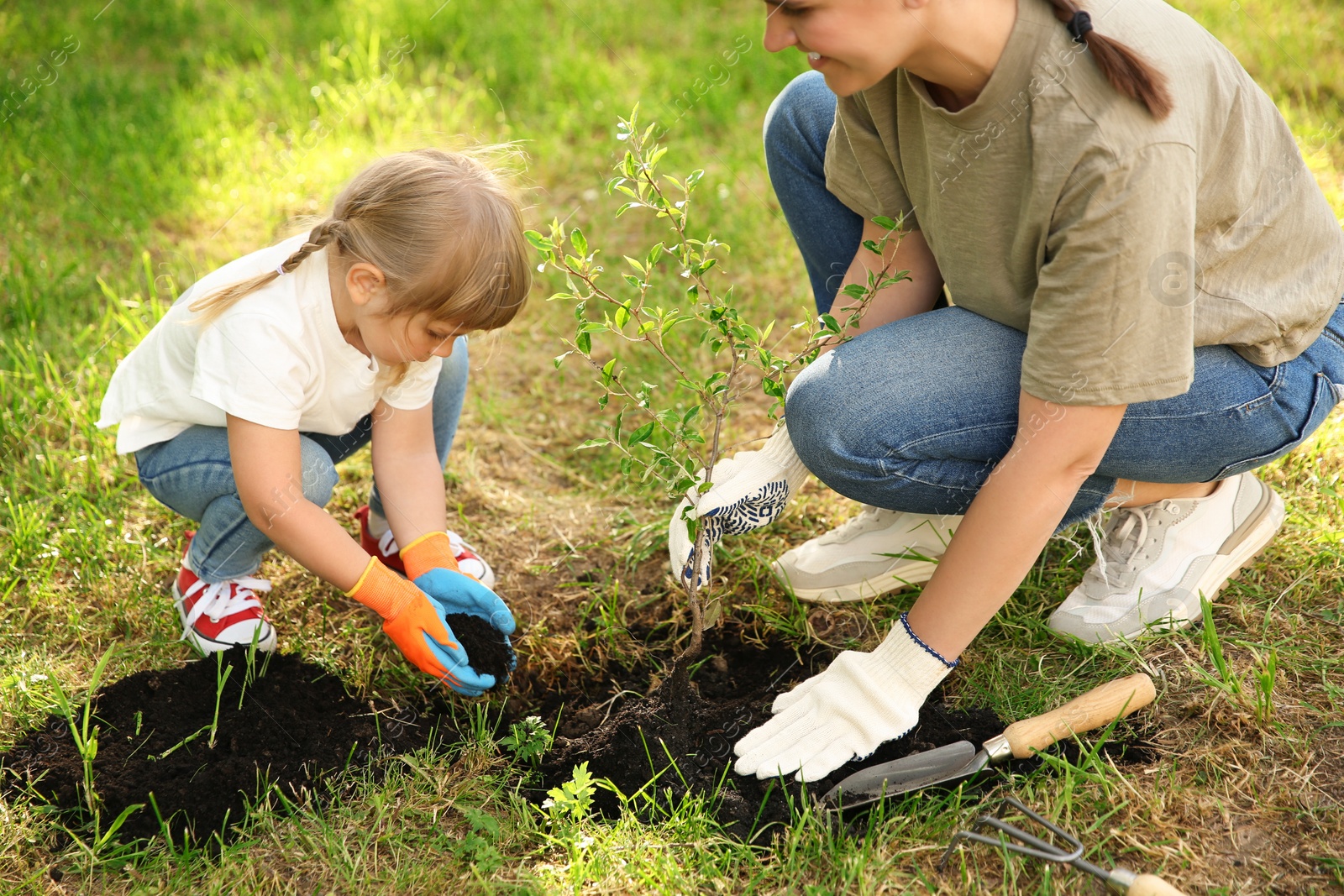 Photo of Mother and her daughter planting tree together in garden