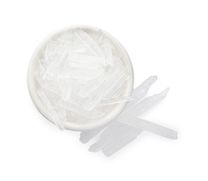 Photo of Menthol crystals in bowl on white background, top view