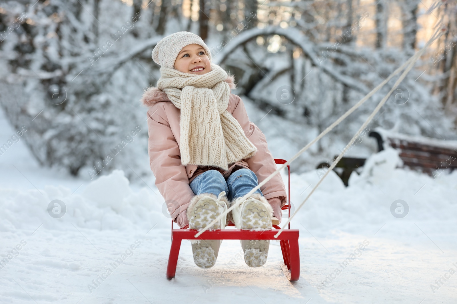 Photo of Cute little girl enjoying sledge ride through snow in winter park