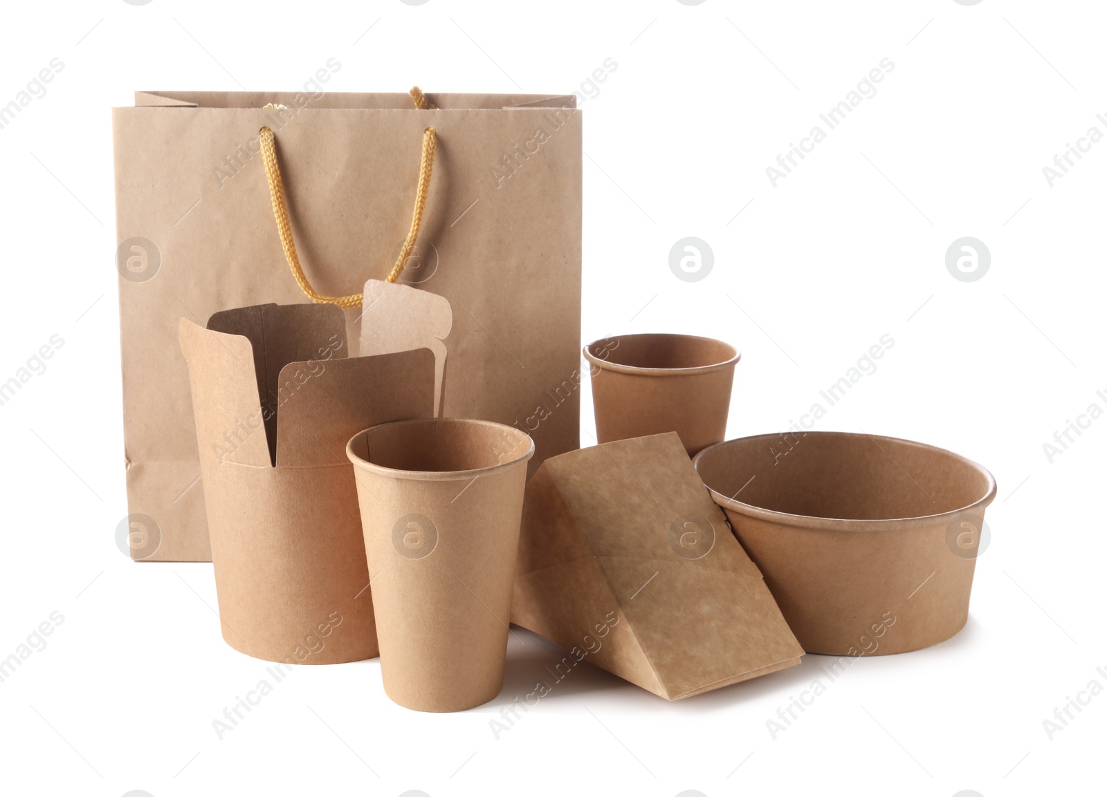 Photo of Eco friendly packaging. Disposable food containers and paper bag isolated on white