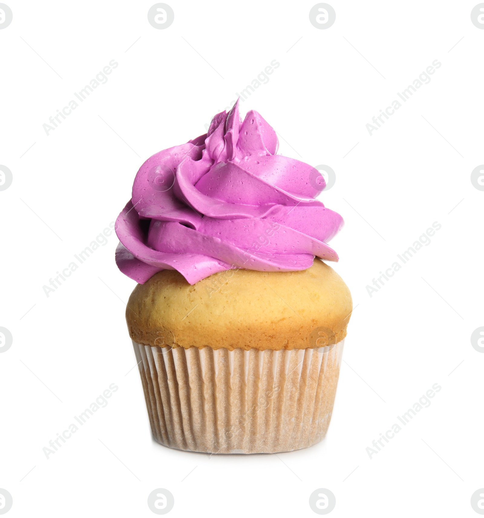 Photo of Delicious cupcake decorated with violet cream isolated on white. Birthday treat