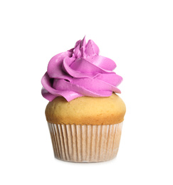 Photo of Delicious cupcake decorated with violet cream isolated on white. Birthday treat