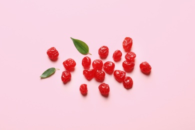 Photo of Cherries on color background, top view. Dried fruit as healthy snack