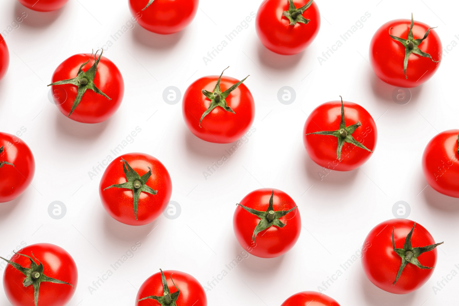 Photo of Composition with ripe cherry tomatoes on white background, top view