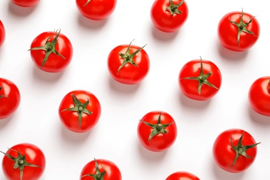 Photo of Composition with ripe cherry tomatoes on white background, top view