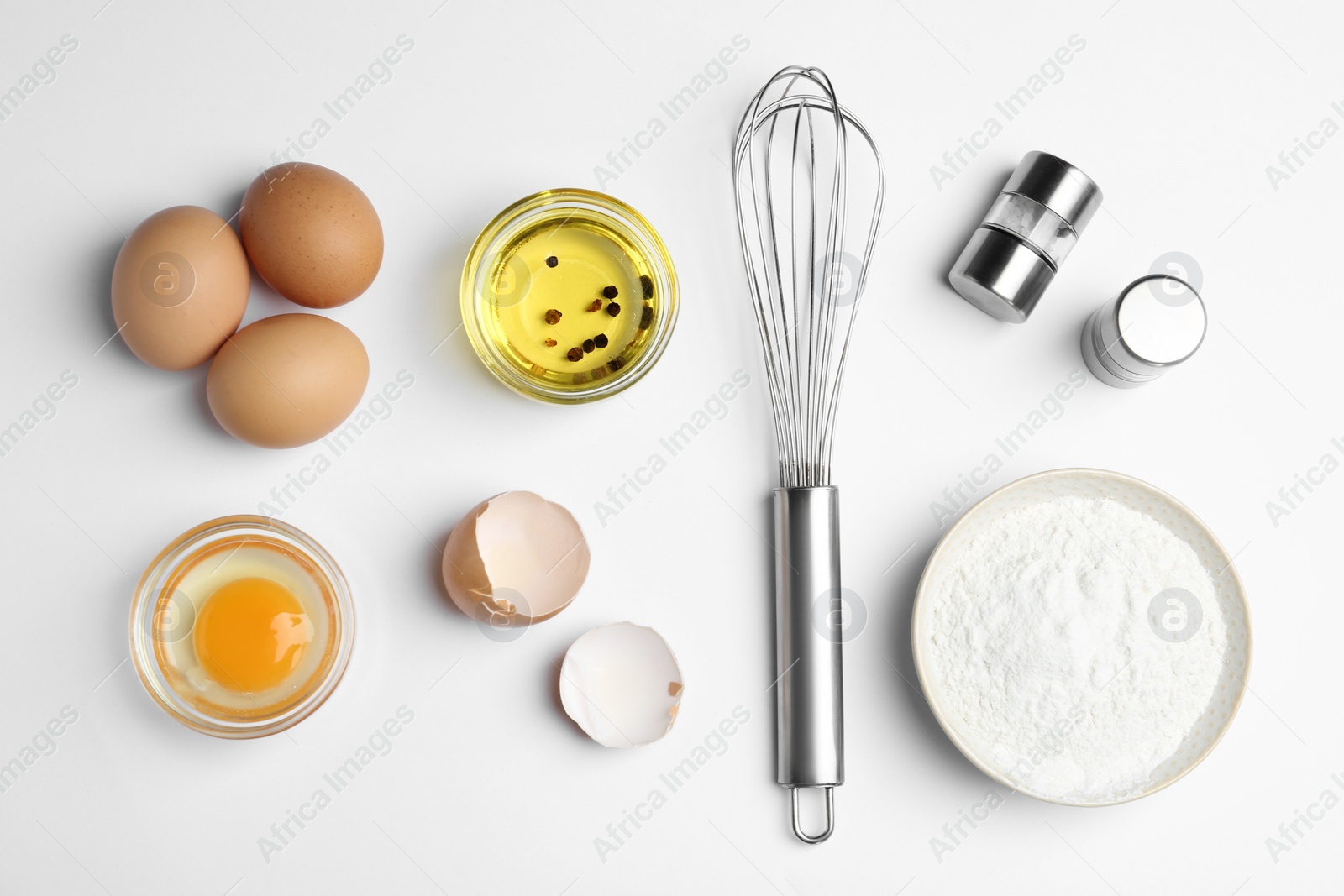 Photo of Flat lay composition with chicken eggs on white background