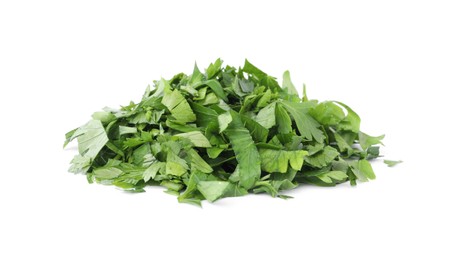 Photo of Heap of chopped parsley leaves isolated on white