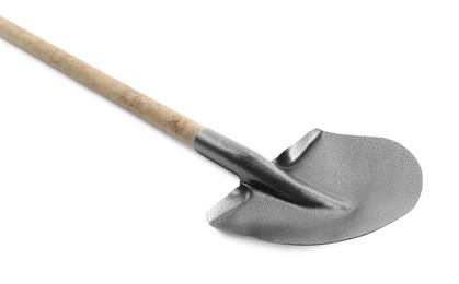 Photo of One new shovel with wooden handle isolated on white. Gardening tool