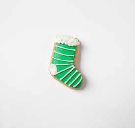 Tasty homemade Christmas cookie on white background, top view