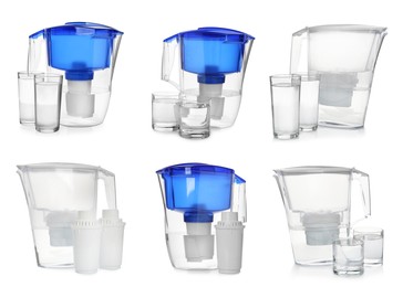 Image of Set with water filter jugs and glasses on white background