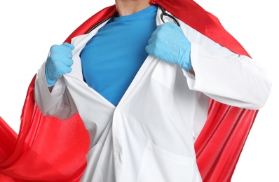Doctor wearing cape on white background, closeup. Super hero power for medicine