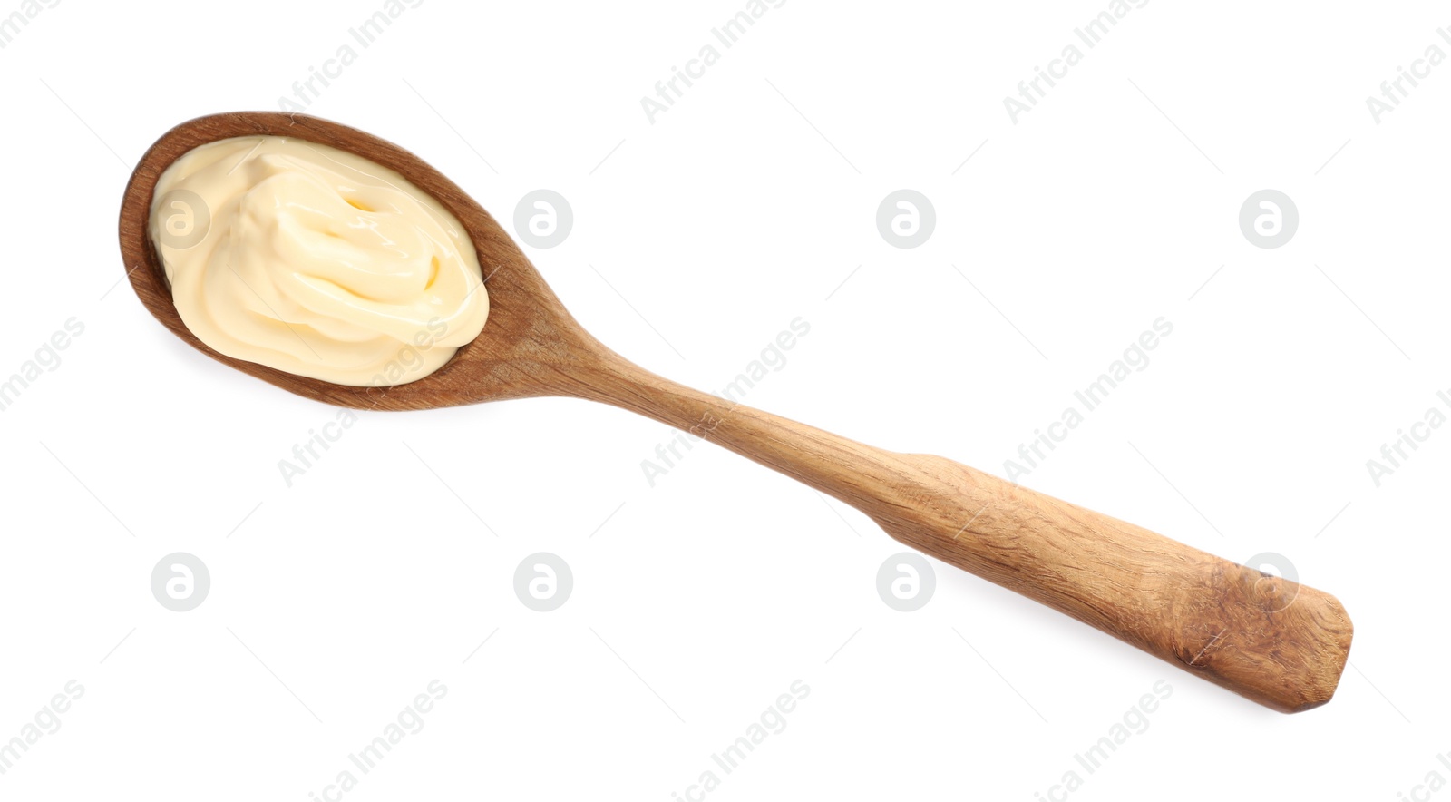 Photo of Wooden spoon with tasty mayonnaise isolated on white, top view