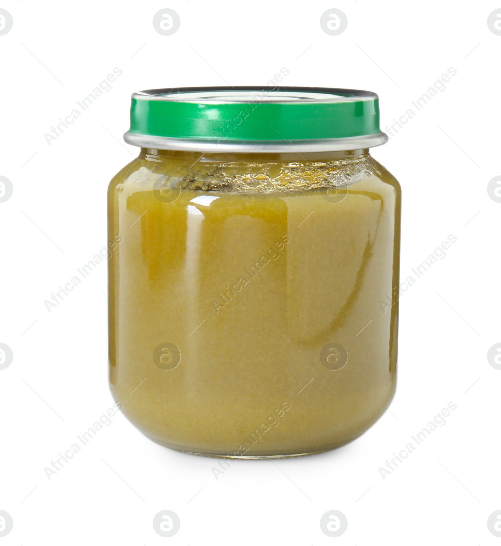 Photo of Baby food. Tasty healthy puree in jar isolated on white