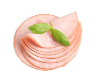 Slices of tasty fresh ham with basil isolated on white, top view