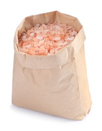 Pink Himalayan salt in paper bag isolated on white