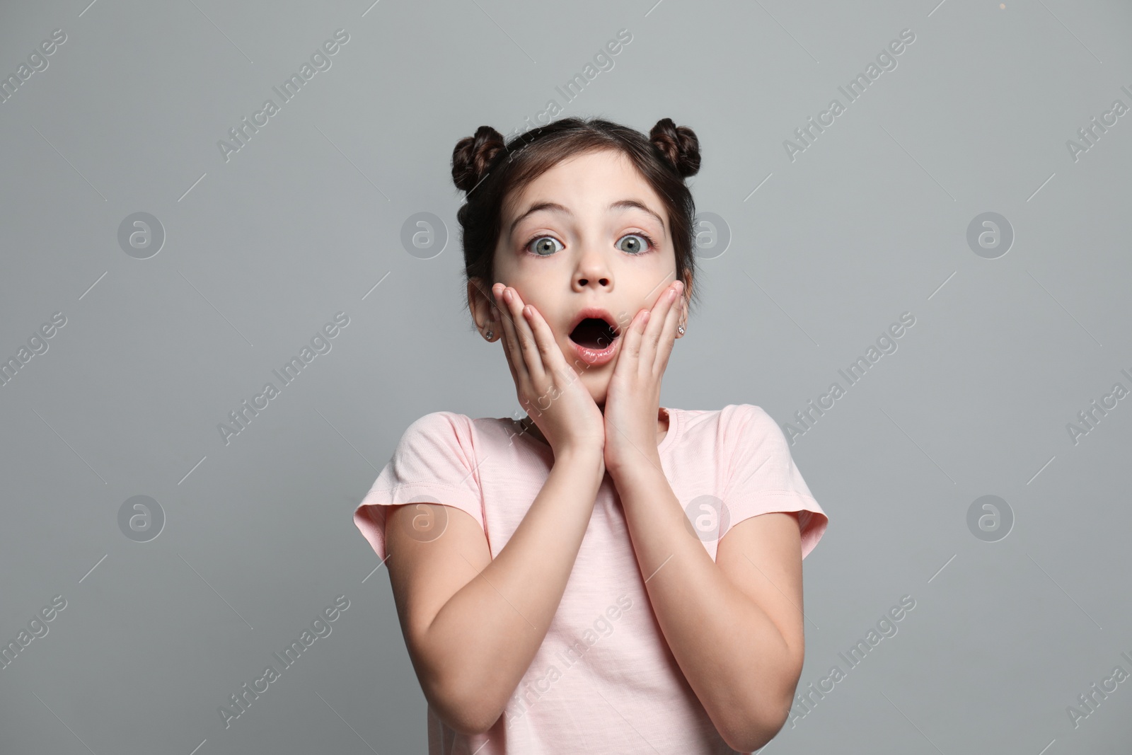 Photo of Little girl feeling fear on grey background