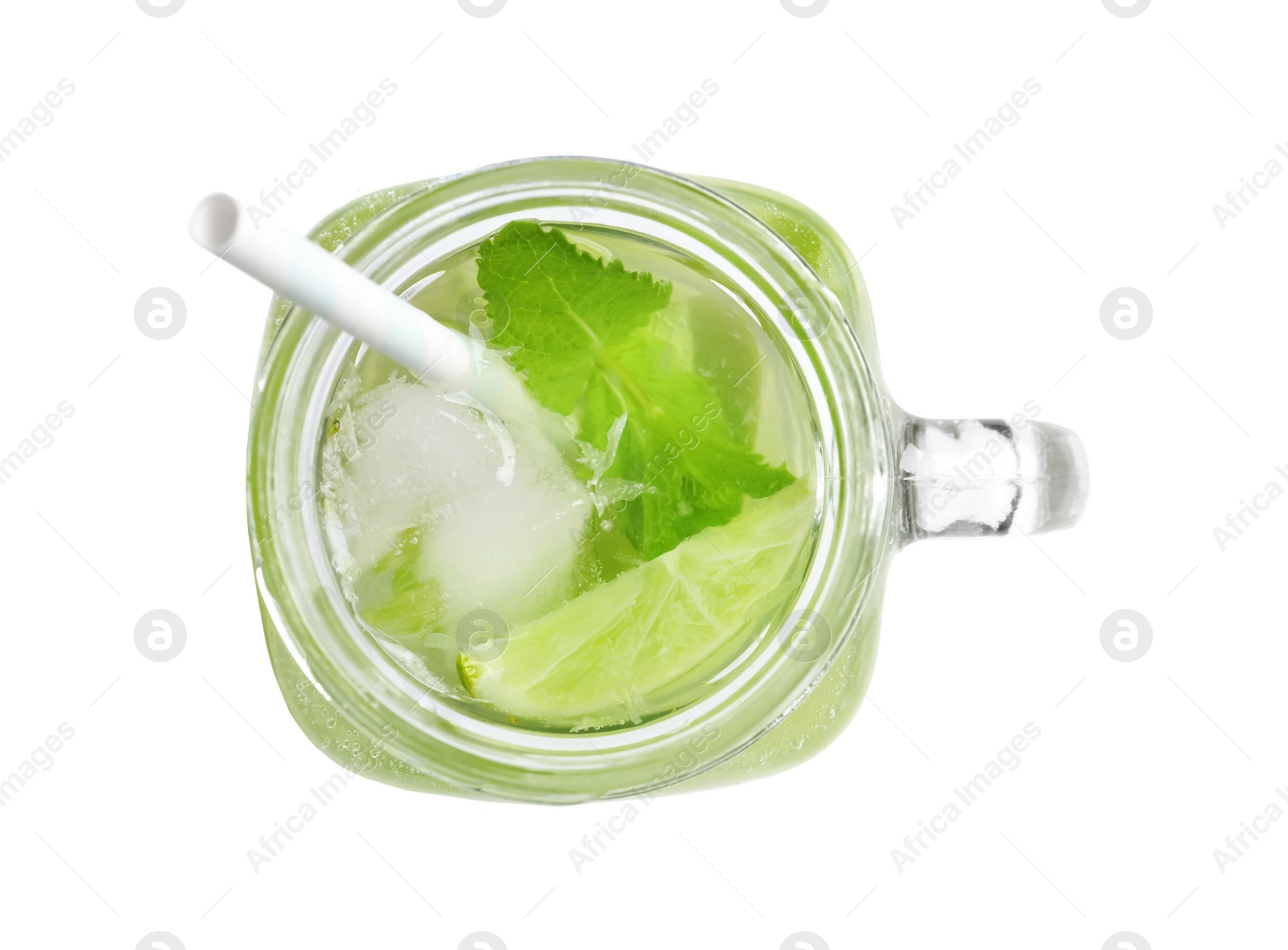 Photo of Refreshing beverage with mint and lime in mason jar on white background, top view