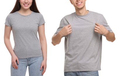 Image of People wearing grey t-shirts on white background, closeup. Mockup for design