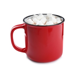 Photo of Hot drink with marshmallows in red cup isolated on white