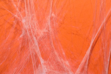 Photo of Creepy white cobweb hanging on orange background