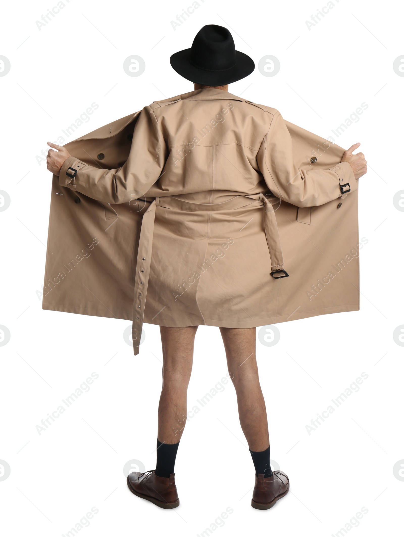 Photo of Exhibitionist exposing naked body under coat isolated on white, back view