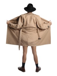 Photo of Exhibitionist exposing naked body under coat isolated on white, back view