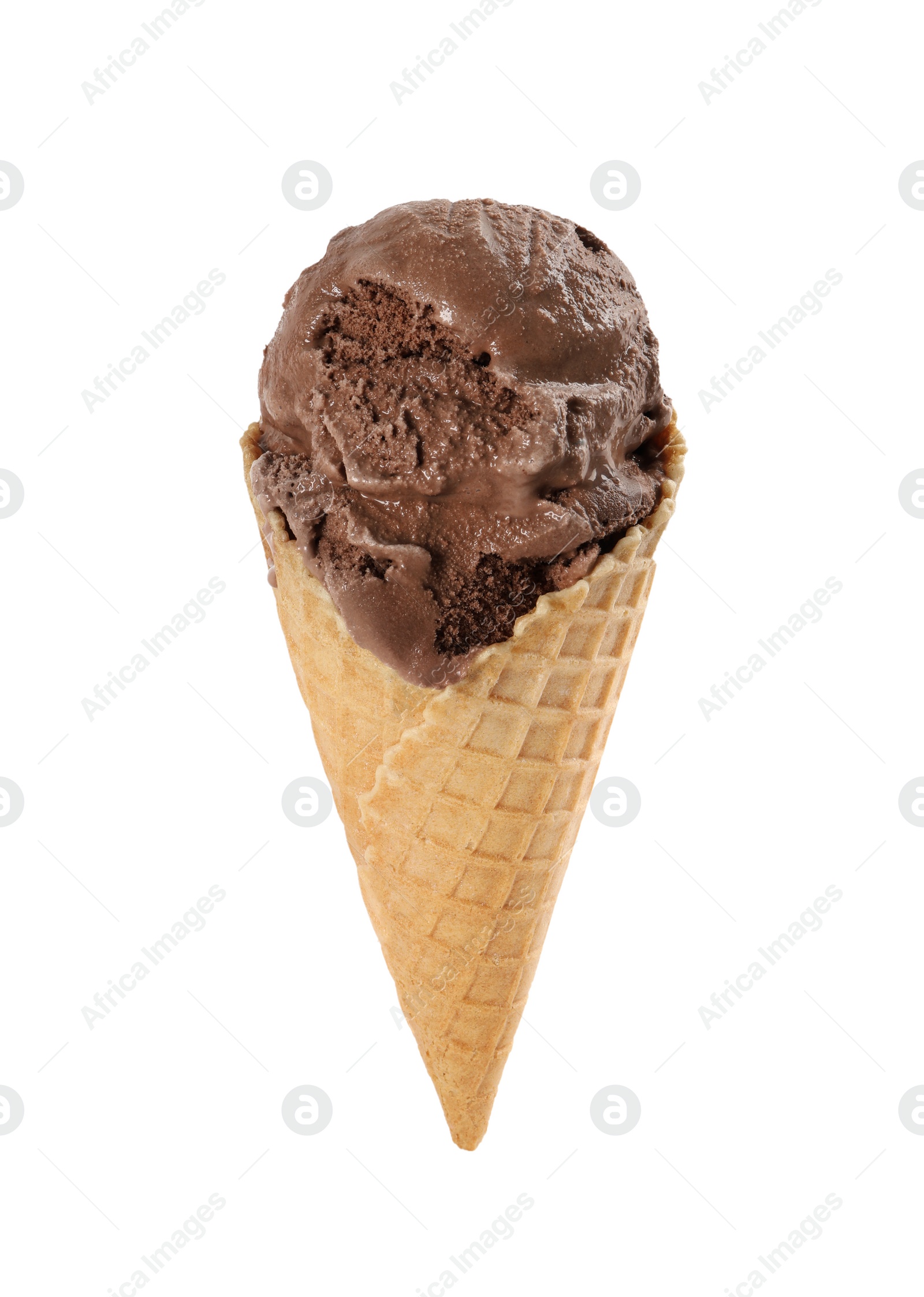 Photo of Delicious chocolate ice cream in waffle cone isolated on white
