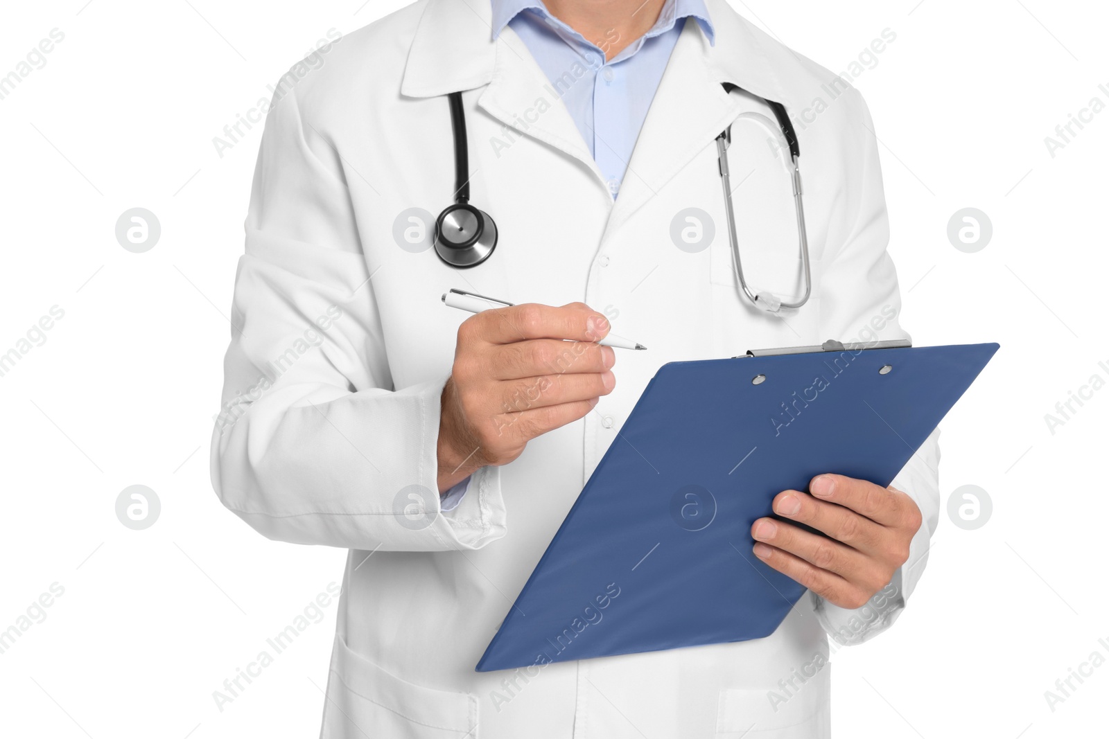 Photo of Doctor with stethoscope and clipboard on white background, closeup