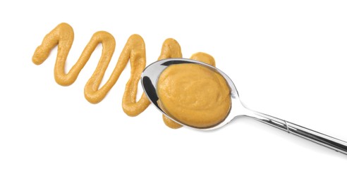 Photo of Tasty mustard sauce and spoon isolated on white, top view