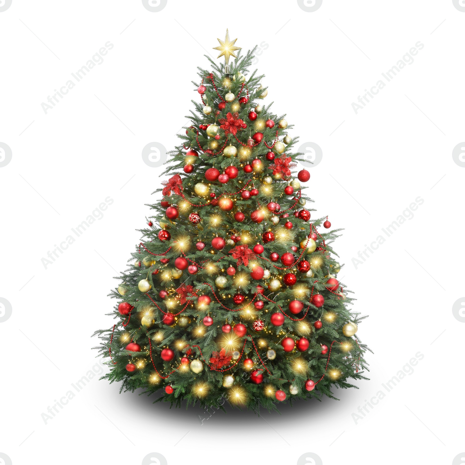 Image of Christmas tree decorated with ornaments and festive lights isolated on white