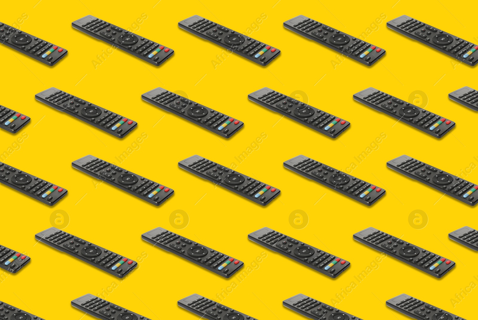 Image of Remote controller pattern on yellow background. Collage design