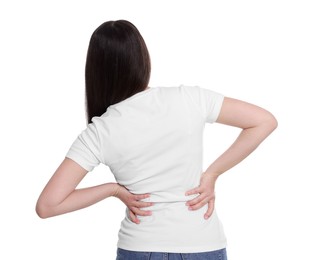 Young woman suffering from pain in back on white background. Arthritis symptoms
