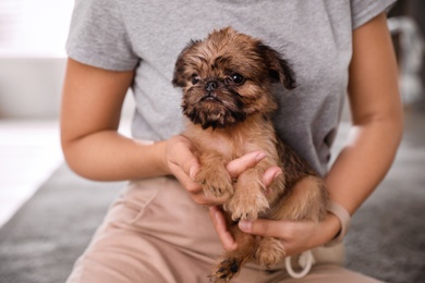 Photo of Woman holding adorable Brussels Griffon puppy indoors, closeup