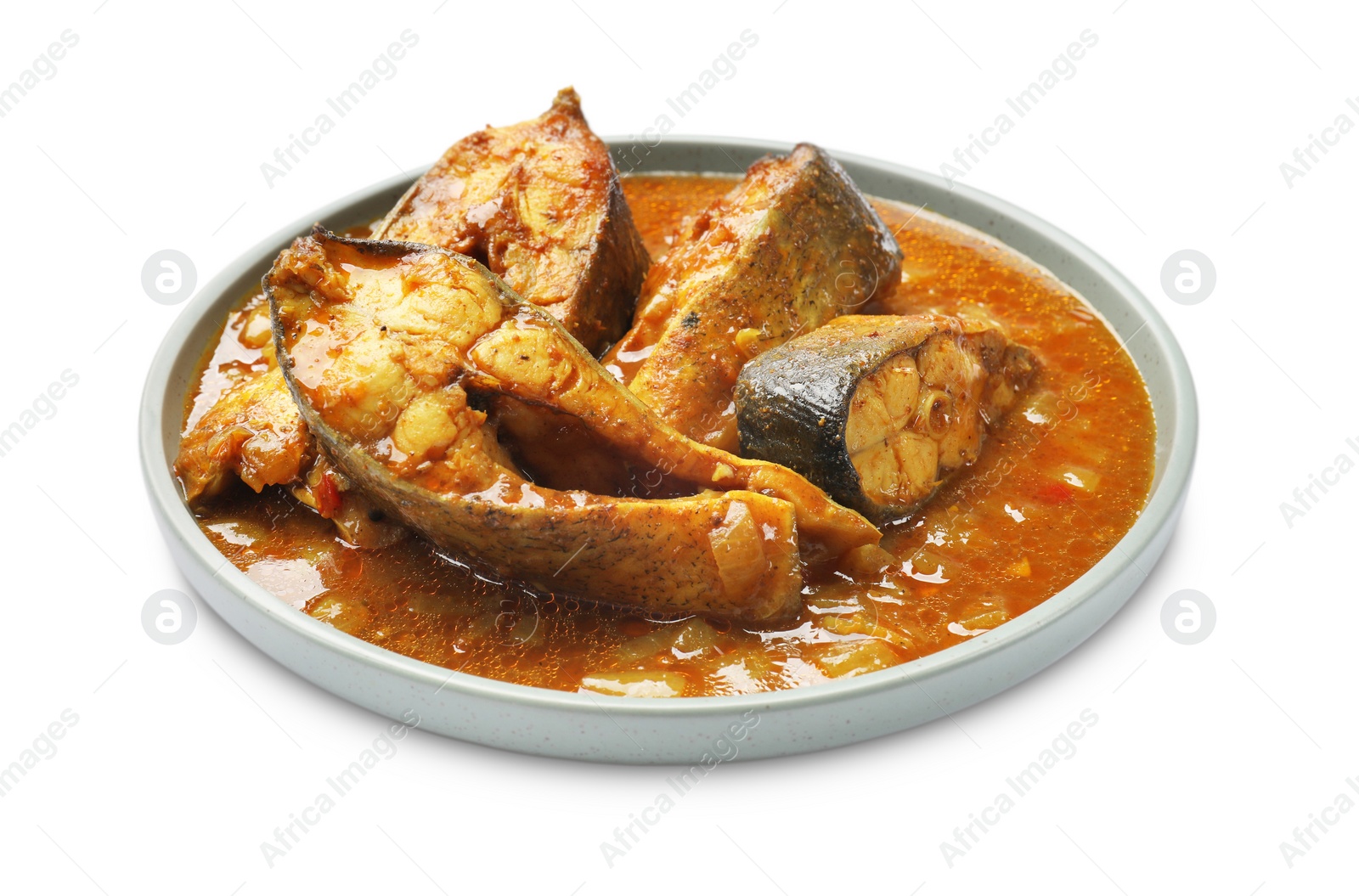 Photo of Tasty fish curry on white background. Indian cuisine