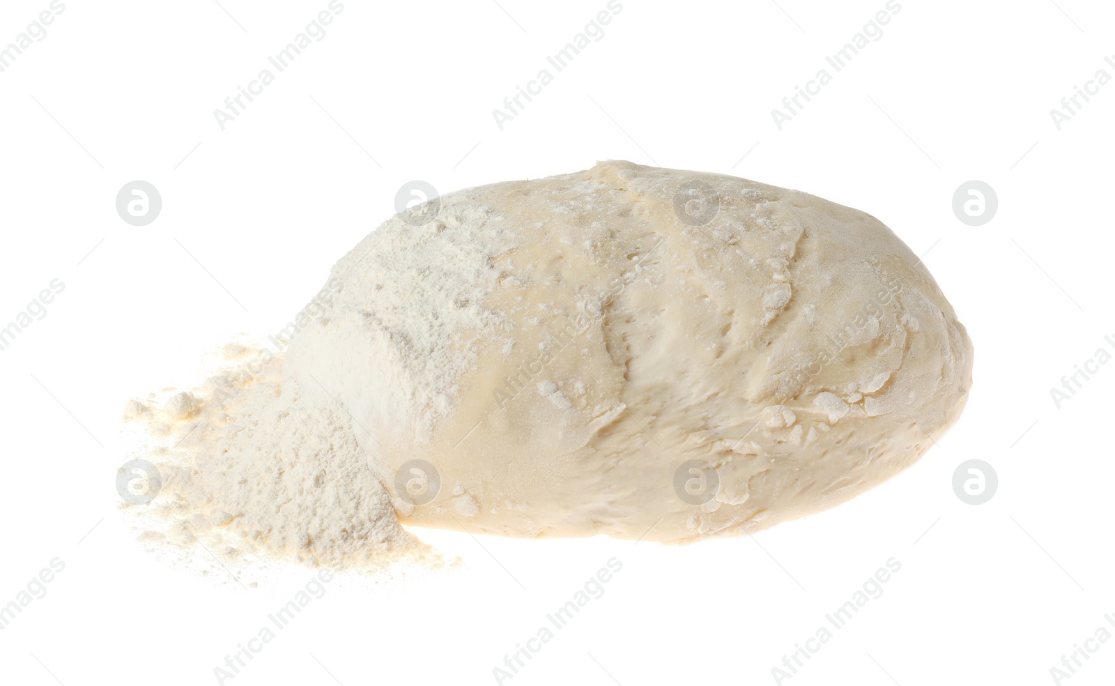 Photo of Raw dough for pastries and flour isolated on white