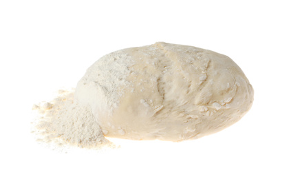 Raw dough for pastries and flour isolated on white