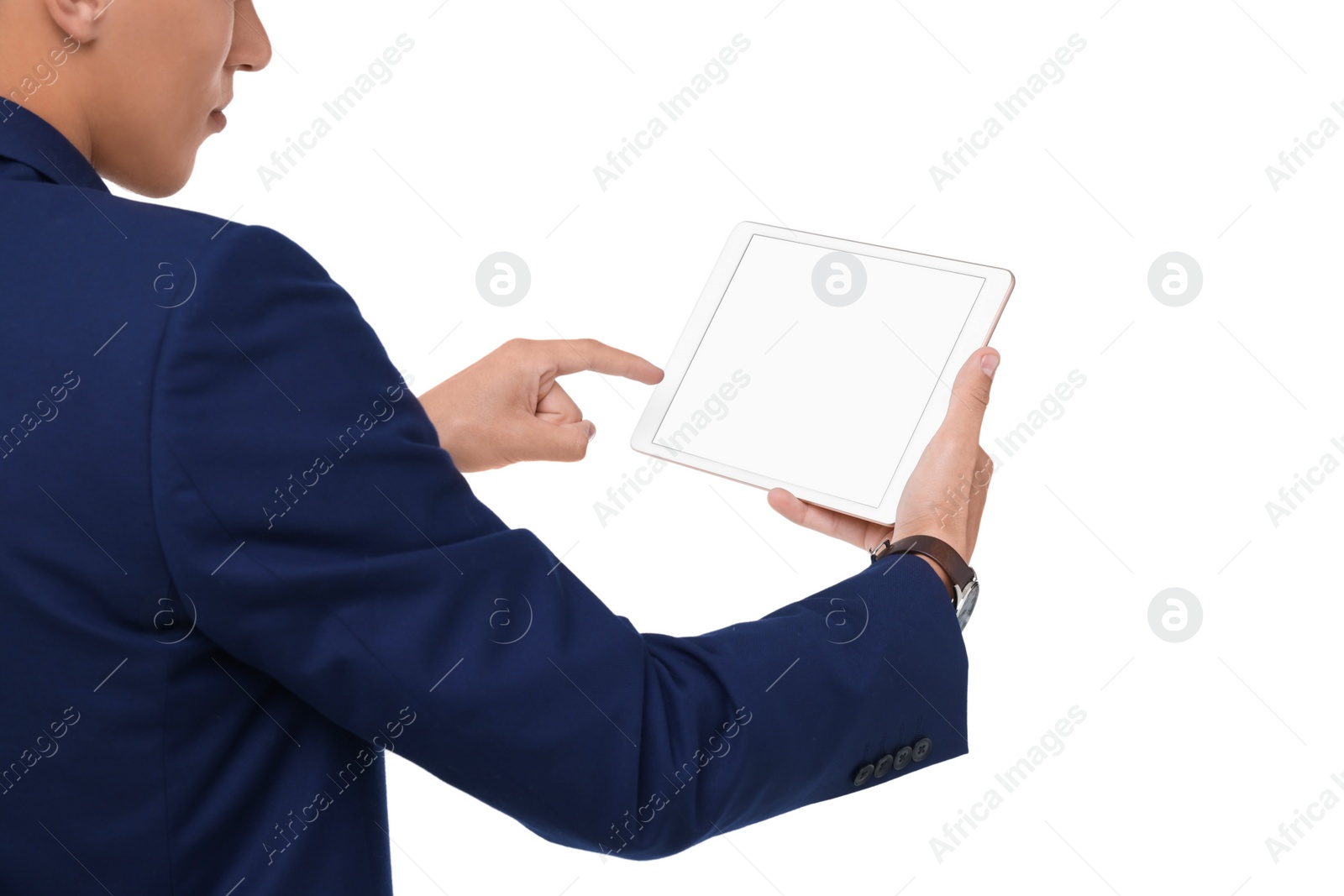 Photo of Man using tablet with blank screen on white background, closeup. Mockup for design