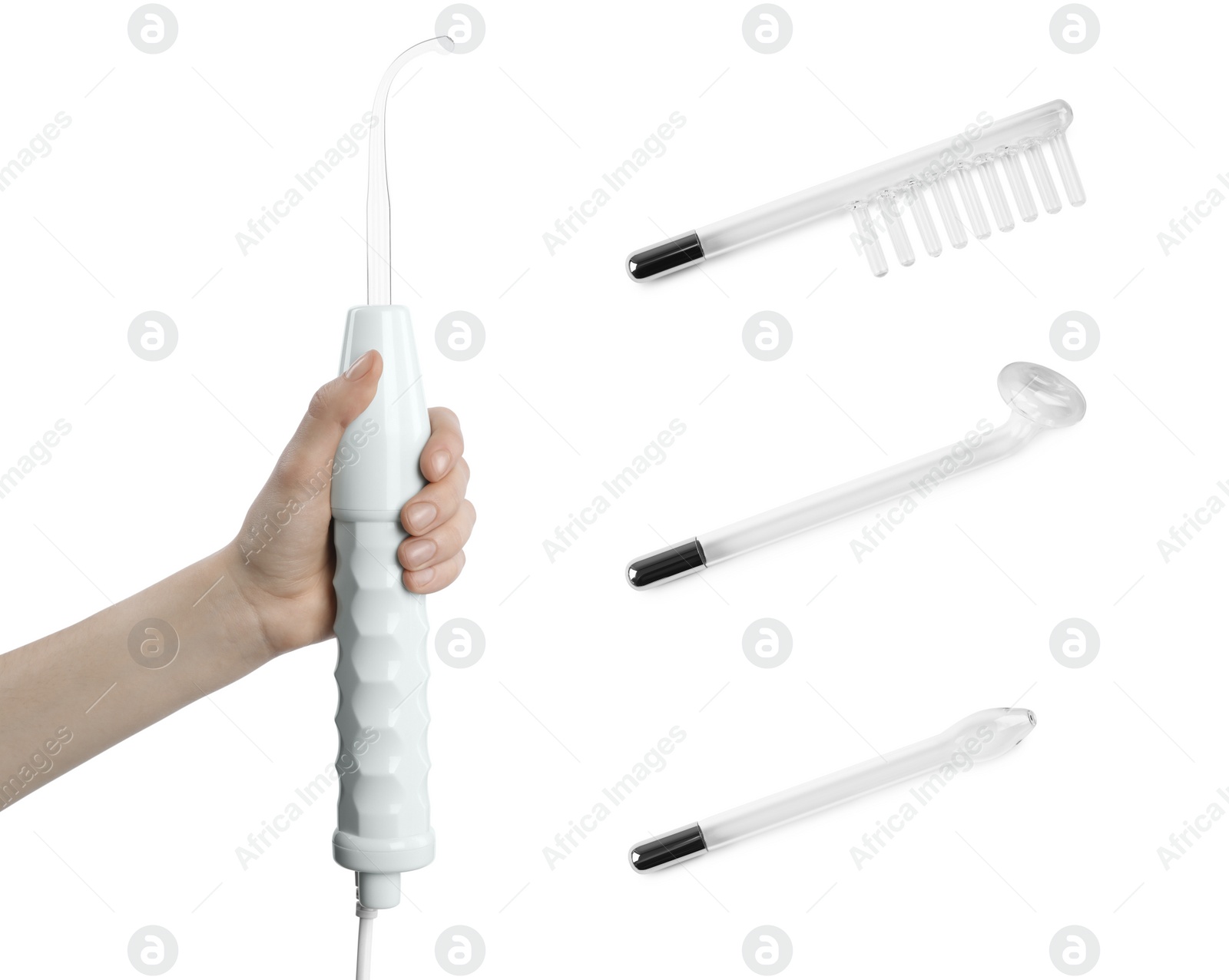 Image of Woman with darsonval and different nozzles on white background. Collage