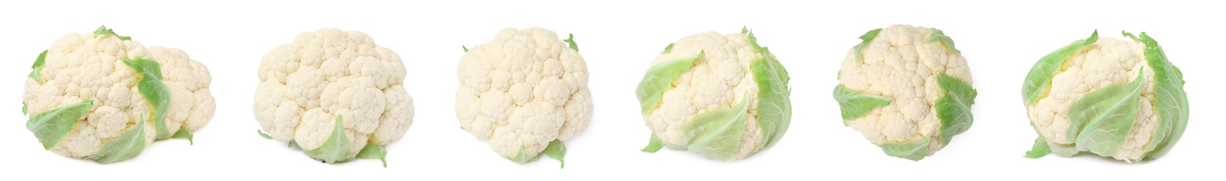 Image of Set with fresh cauliflowers on white background. Banner design