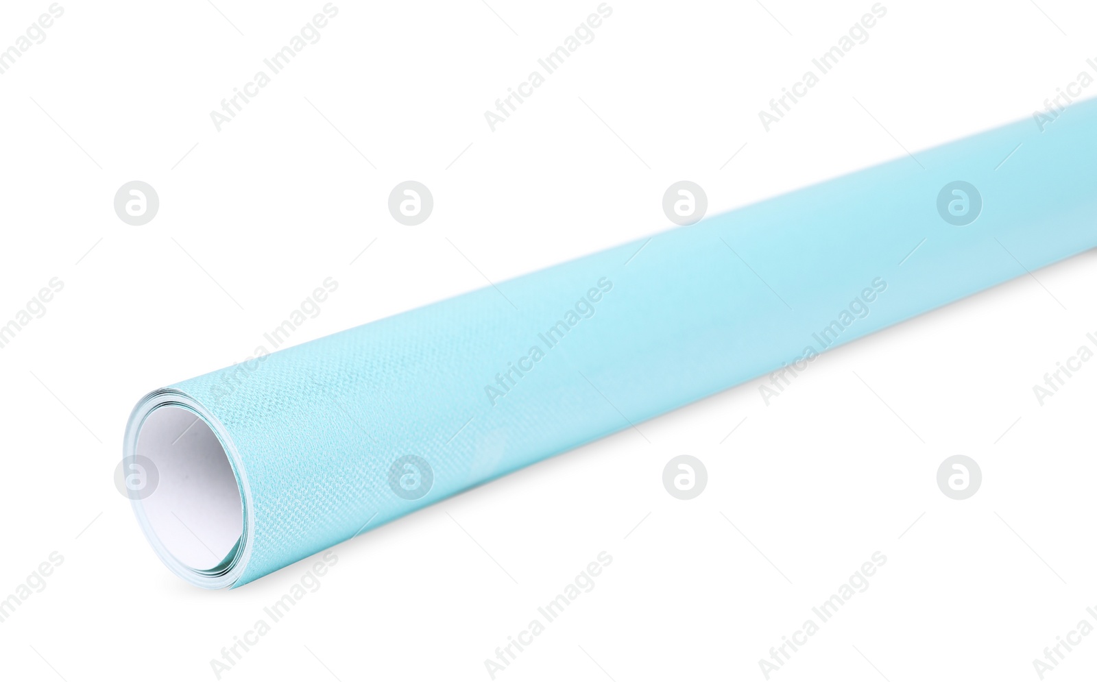 Photo of Roll of turquoise wrapping paper on white background