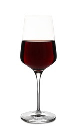 Photo of Glass of delicious expensive red wine on white background