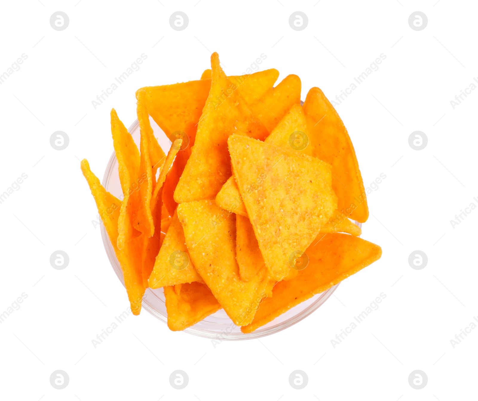 Photo of Bowl of tasty tortilla chips (nachos) on white background, top view