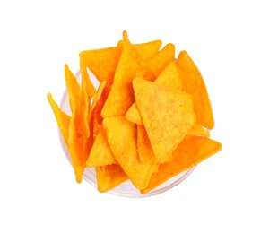 Bowl of tasty tortilla chips (nachos) on white background, top view
