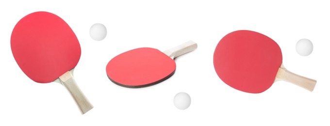 Image of Set with ping pong rackets and balls on white background. Banner design