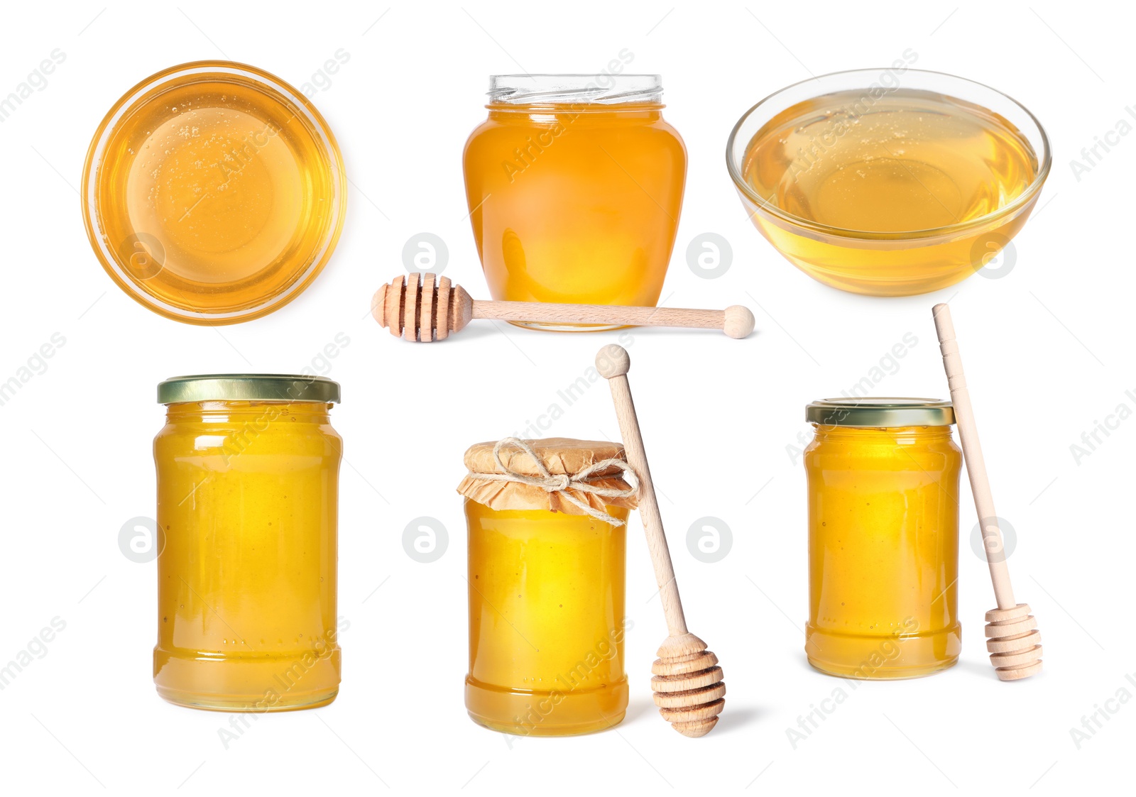 Image of Natural honey, glass jars and dippers isolated on white, set