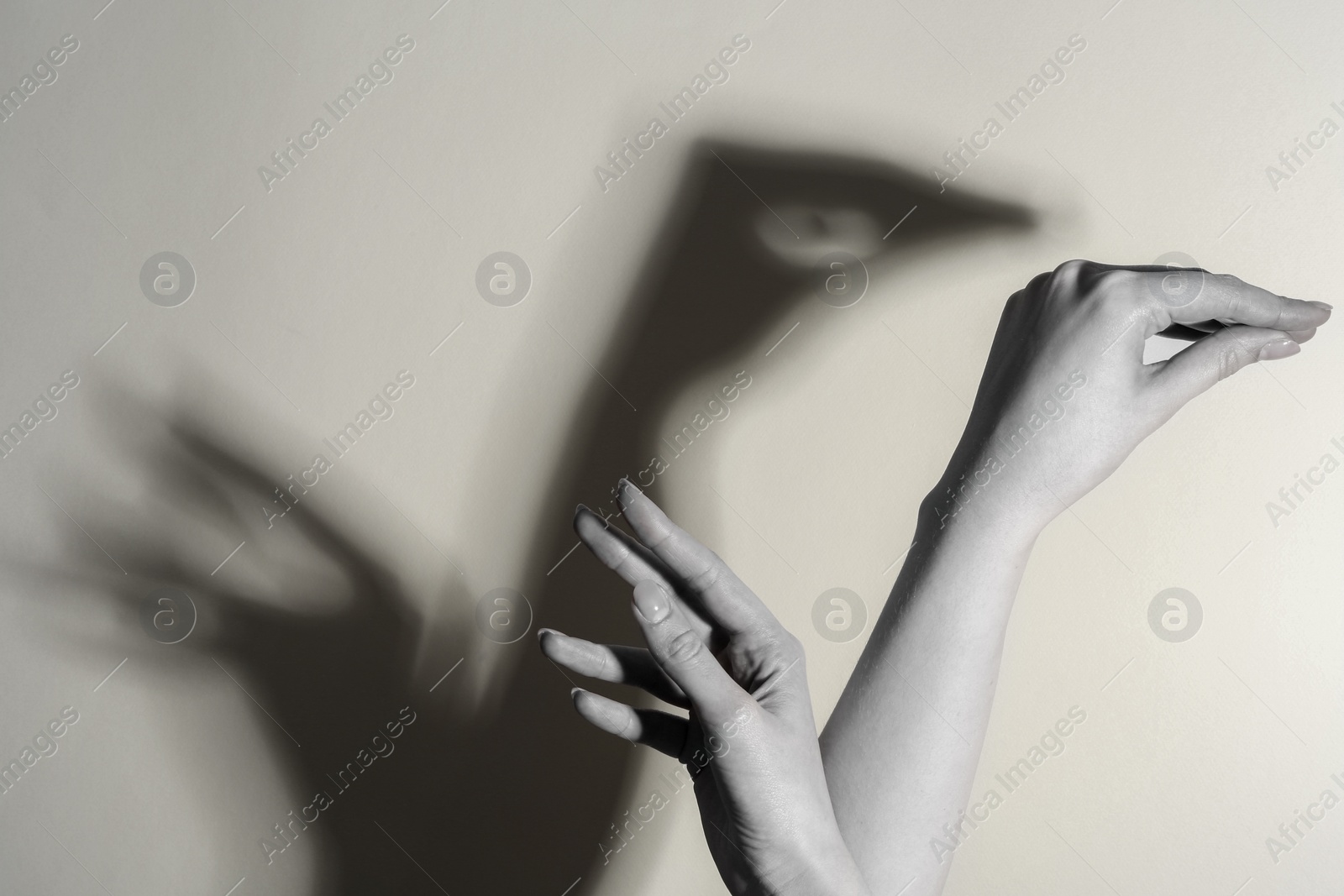 Photo of Shadow puppet. Woman making hand gesture like swan on light background, closeup. Black and white effect
