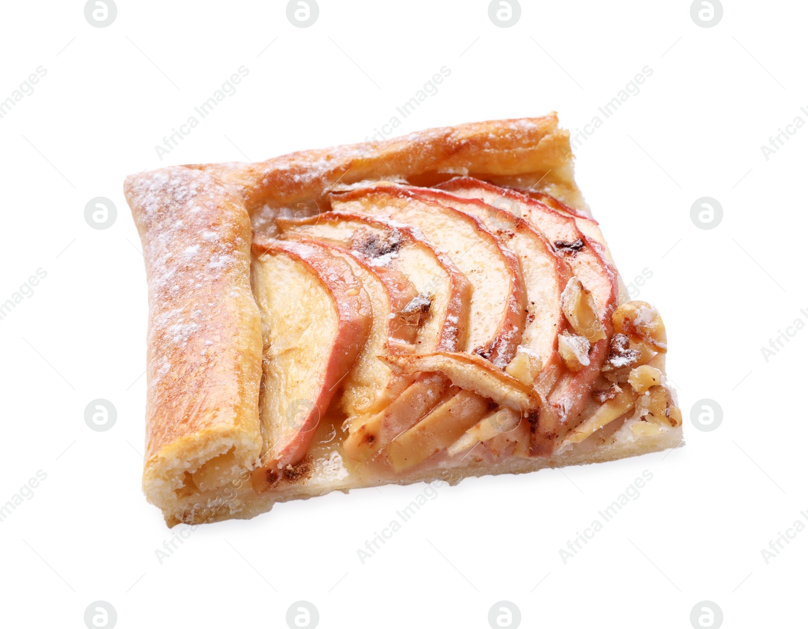 Photo of Piece of delicious apple pie with powdered sugar isolated on white