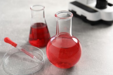 Photo of Laboratory analysis. Flasks with red liquid and Petri dish on light grey table, closeup