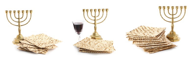 Image of Set with Passover matzos, red wine and menorahs on white background, banner design. Pesach celebration